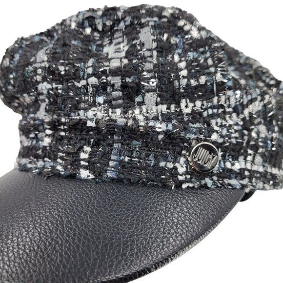 Juicy Couture Newsboy Cabbie Hat‎ Faux Leather Brim Blue Black Metallic Tweed main image 7